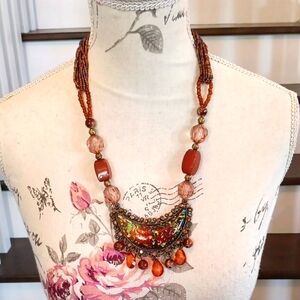 & Vintage beaded lucite amber pendant Statement Necklace
